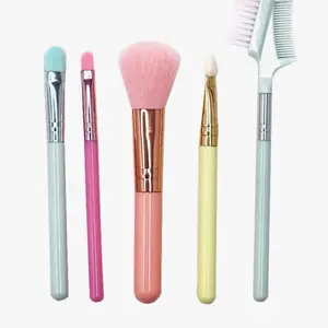 5pc Travel Makeup Brush Set - Assorted Brushes in Teal, Hot pink, Peach, Yellow and Blue- Cosmetic