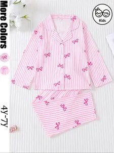 Cute Bow Print Kids Pajama Set, Fireproof Fabric, Long Sleeve Button Front Top & Elastic Pants, All Seasons Sleepwear, Pastel Cute Pajamas, Cartoon Print Pajama, Cartoon Pattern Pajamas