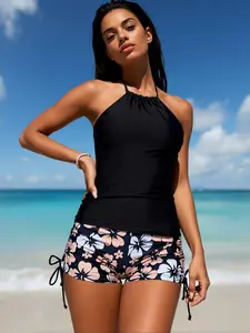Women Tankini Swimsuit Set Floral Print 2 Piece Swimwear Halter Neck High Waist Bottom Beachwear Bathing Suit Black Pink Blue