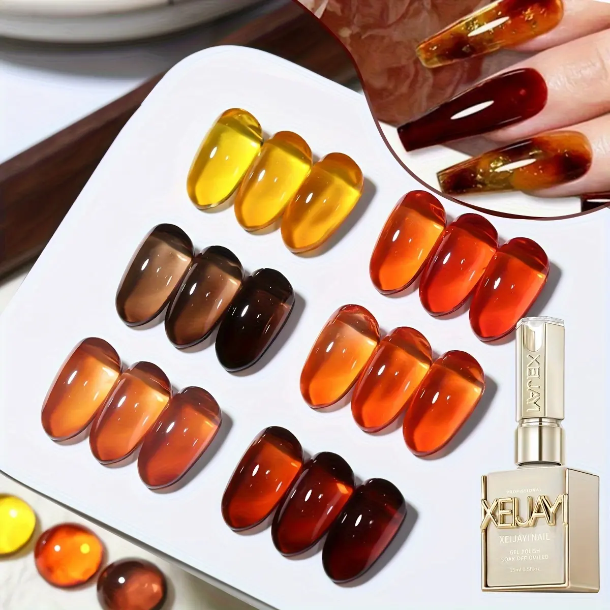 XEIJAYI 6PCS 15ML 【TPO&HEMA Free】 Photo Frame Bottle Amber Gel Nail Polish Set, 6 Warm Amber Shades with Glossy Finish, Soak-Off UV LED Nail Gel for DIY Manicure, Nail Art Design, Home and Salon Use, Seasonal Styling and Creative Nail Decoration