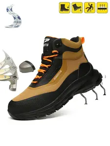 Men's Steel Toe High-Top Work Shoes, Anti-Smash, Anti-Puncture, Waterproof, Slip-Resistant, Lightweight, Shock-Absorbing, Soft Sole Safety Boots