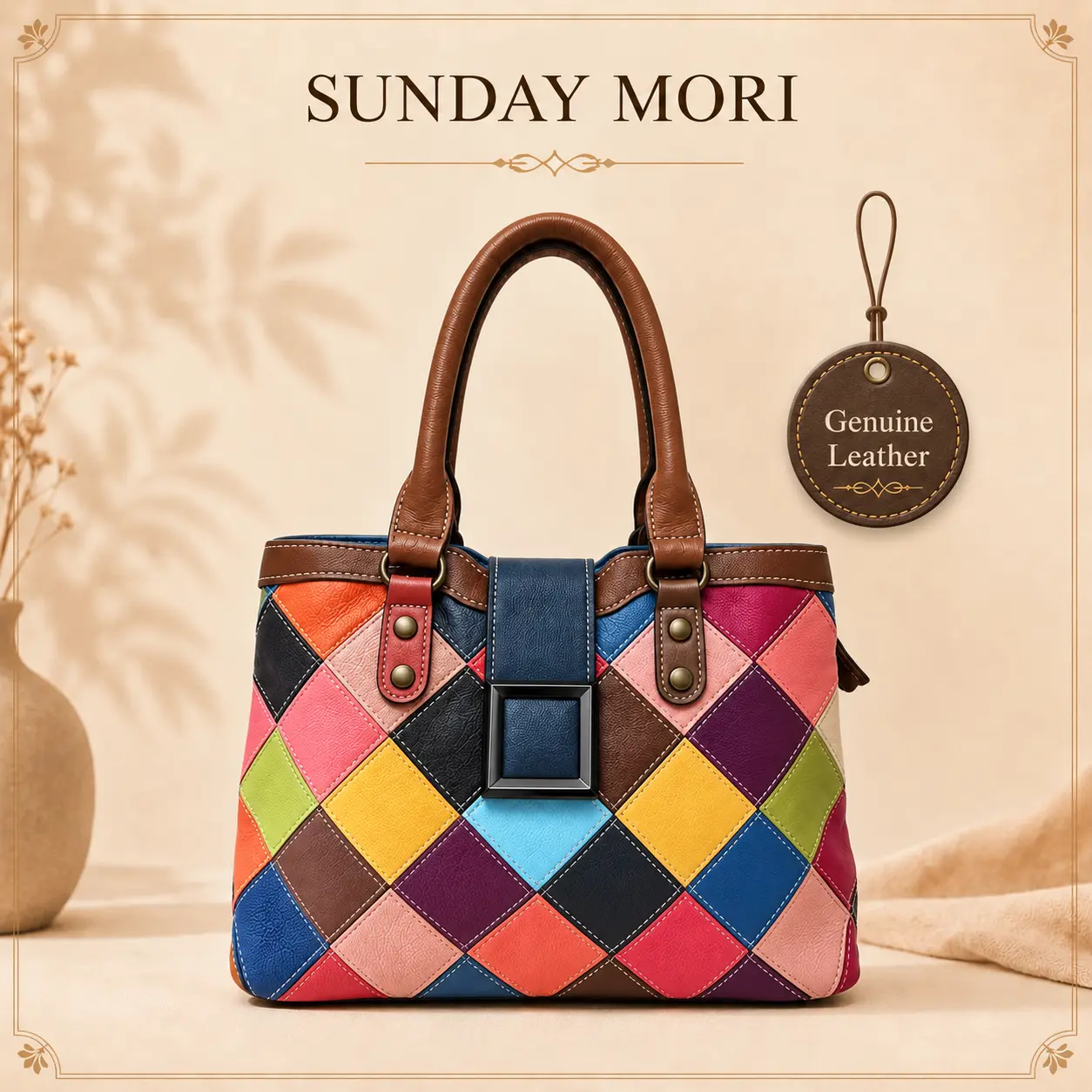 SUNDAY MORI Women's Vintage Geometric Genuine Leather Patchwork Tote Bag - Top Handle Shopper, High-Capacity Colorblock Structured Daily Commuter Bag, Fashion Patterned, 2 Carry Options (Top/Shoulder), Colorful Handle, Fits 11-in iPad, for Casual Outings