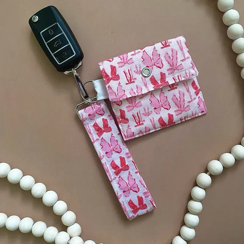 Pink bows keychain, wristlet with wallet matching pouch,easy clip on