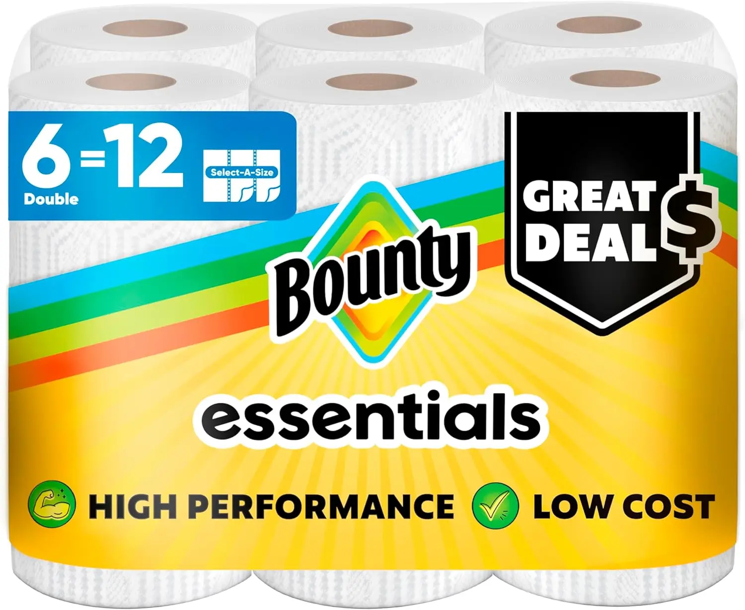 Bounty Essentials Select-A-Size Absorbent Paper Towels for Cleaning, 6 Double Rolls for Families, White, 108/roll Sheets, Kitchen Wipes