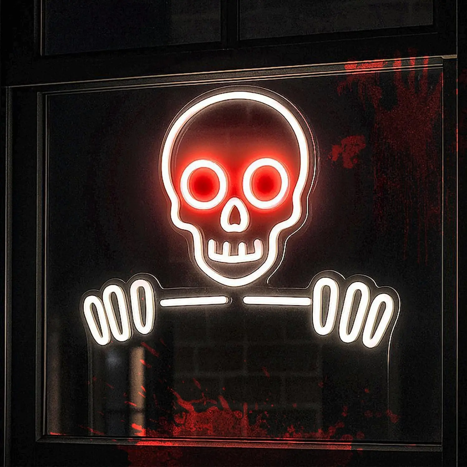 Spooky Goth Skull-Shape Skeleton Hand LED Neon Sign, 16x12.6in Dimmable LED Tube Wall Light, USB-Powered Low Energy Consumption Indoor Halloween Party Decoration for Bar