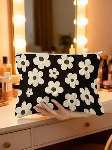 1pc, Retro Style Floral Wood Grain Blooms Print Corduroy Cosmetic Bag, Makeup Bags, Makeup Storage Bag, Lightweight Makeup Organizer and Travel Toiletry Pouch, Easy to Carry