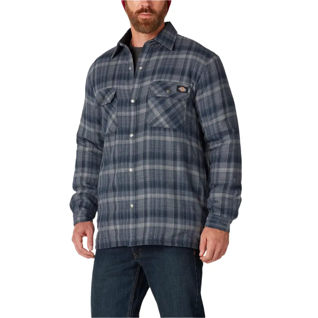 Dickies Men's Checked Plaid Flannel Shirt Jacket, Preppy Casual Fitted Style, Water-Repellent Sherpa Lined Fabric with Fleece Pocket, Back Neck Tape, Snug Fitted, Authentic Branding, Red Back Neck Tape