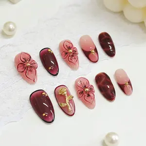 Handmade Almond Press On Nails, Trendy Y2K Luxury Press On Nails 3D Handmade Flower & Amber Leopard Almond Nail Art