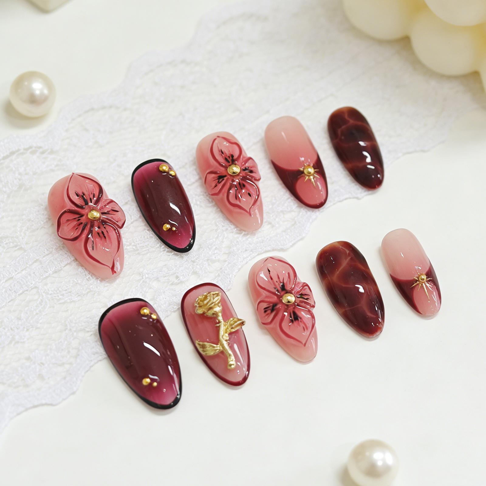 Handmade Almond Press On Nails, Trendy Y2K Luxury Press On Nails 3D Handmade Flower & Amber Leopard Almond Nail Art