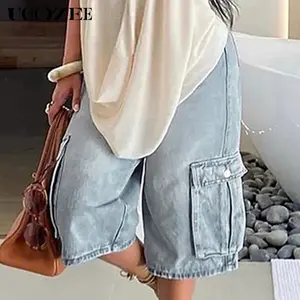 UOOZEE Women's High Waisted Denim Cargo Shorts - No Stretch, 2026 Summer Trend, Loose Wide Leg, Pockets, Cotton-Polyester, Lightweight Breathable, Streetwear Style, Comfortable Women's Clothes (Waist Runs Small - Check Size Guide or Order Larger)