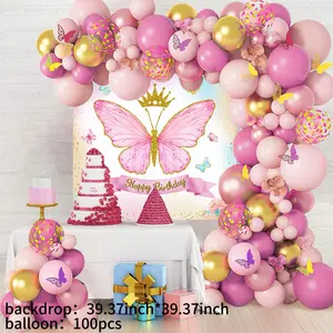 100pcs Crown Butterfly Background Cloth Balloon Garland Arch Kit Set,Pink Purple Butterfly Party Backdrop （39.37inch*39.37inch) and Butterfly Balloon Chain,Happy Birthday Party Decoration,1st Birthday Party Supplies,Party Packs