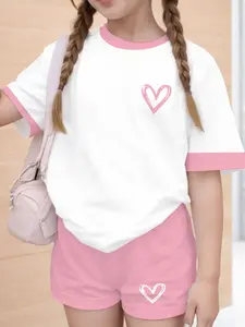 Girls' Casual Heart Print Short Sleeve T-Shirt and Shorts Set, Summer Clothing Set, Comfortable Summer Fall, Loose-Fitting All Seasons Wear, Summer Clothes Set