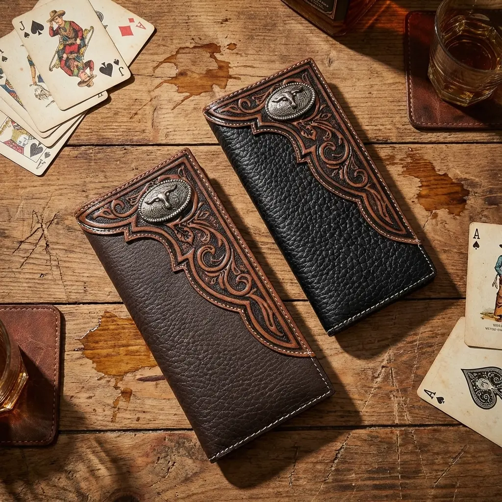 Men's Soft Brown Coffee Leather Bifold Wallet - Tooled Longhorn Concho, Elegant Fashion Wallet, Leather Bifold Cardholder, Western Chic, Checkbook Slots, Ultra-Strong Stitching for Everyday Durability
