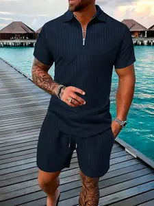 2 Piece Men's Summer Casual Outfit Ribbed Half Zip Short Sleeve Polo Shirt and Shorts Set for Men Beach Vacation Daily Wear