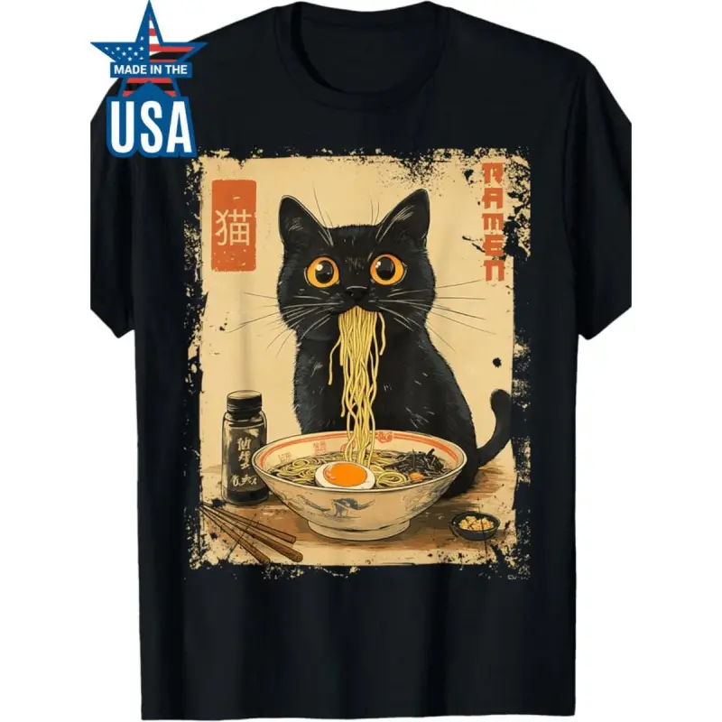 Women's Kawaii Cat Ramen Graphic T-Shirt, 100% Cotton Fitted Vintage Top, Short Sleeve Pull On Tee for All Seasons Casual Party Wear, Tshirt, Vintage Kawaii, Round Neck, Ramen Theme