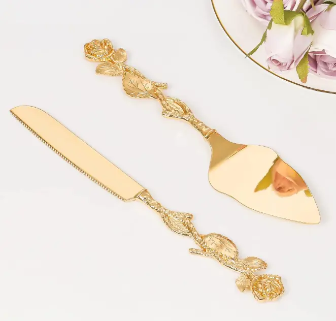 Engraved Gold 2 Pcs Cake Cutting Set with Vintage Handle and Long Reach, Personalized Cake Serving Set, Custom Pastry Pie Server, Wedding Bridal Gift (F-Rose), 2 Pcs Set