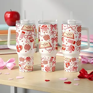 40oz Insulated Stainless Steel Tumbler with Handle & Lid – Teacher Valentine Pattern, Books Bows Apples Coffee Icons, Cute Gift for Teacher, Hot & Cold Travel Cup for School & Work