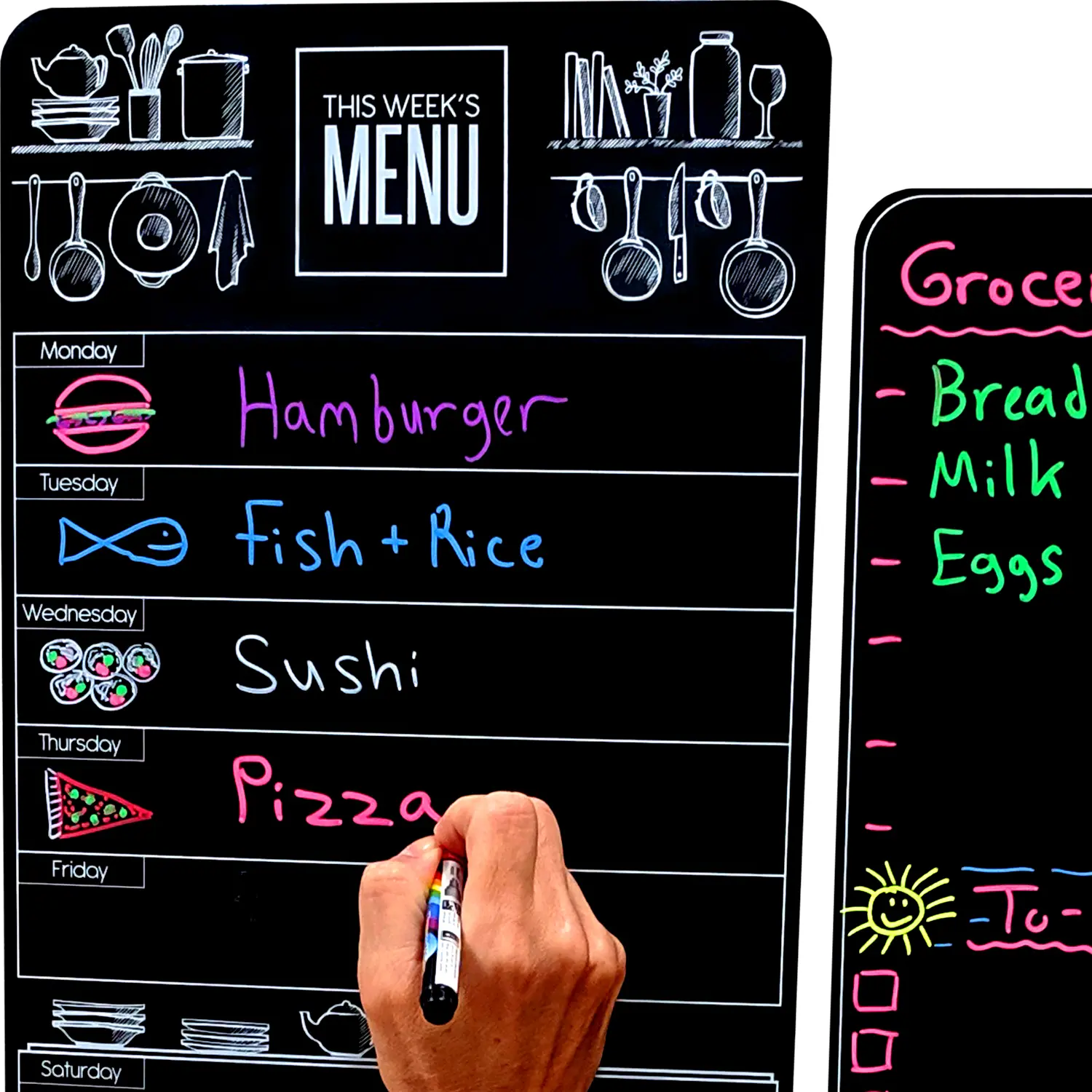 Cute 10"x16" Magnetic Dry-Erase Weekly Menu Blackboard for Kitchen Fridge (with 8 Bright Chalk Markers) & Free Bonus - Grocery/to-Do Lists Board - Daily Dinner Meal Planner Set for Home