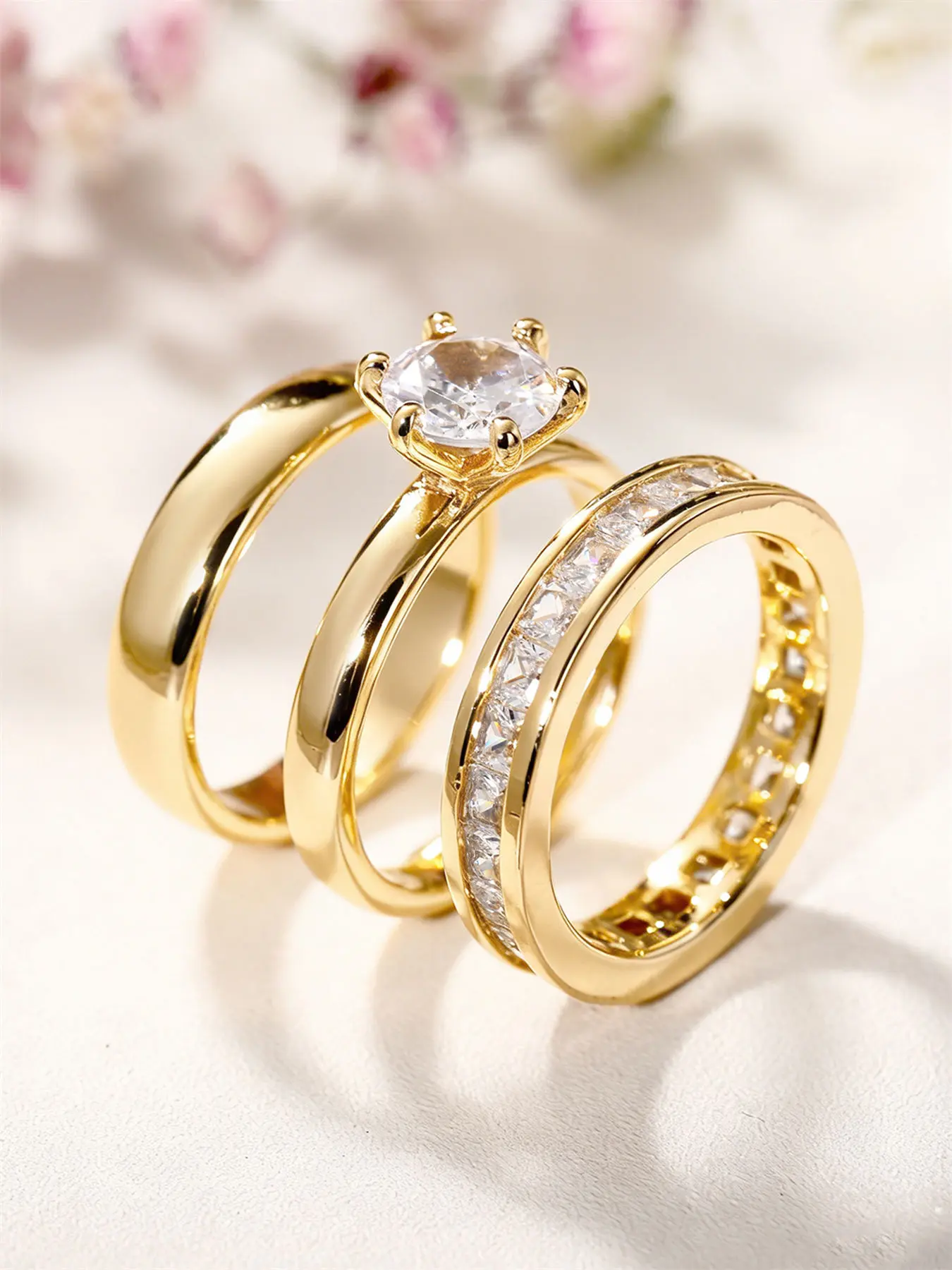 3 Pcs/Set Gorgeous Cubic Zirconia Elegant Ring Set For Women For Wedding Engagement Anniversary Jewelry Valentine's Day Gift