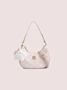 Cow&Kitty Kawaii Kitty Print Casual Shoulder Bag for Women, Pink Cute Baguette Purse with Plush Charm, Small PU Leather Aesthetic Underarm Handbag with Zipper and Inner Pocket, Lightweight Fashion Crossbody Bag for Girls, Teens, Travel, Shopping, Dating