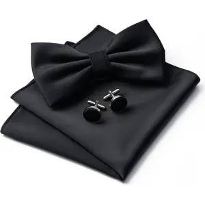 Mens Solid Color Double Fold Pre-tied Bow Tie and Pocket Square Cufflinks Set Formal Tuxedo Bowties for Wedding