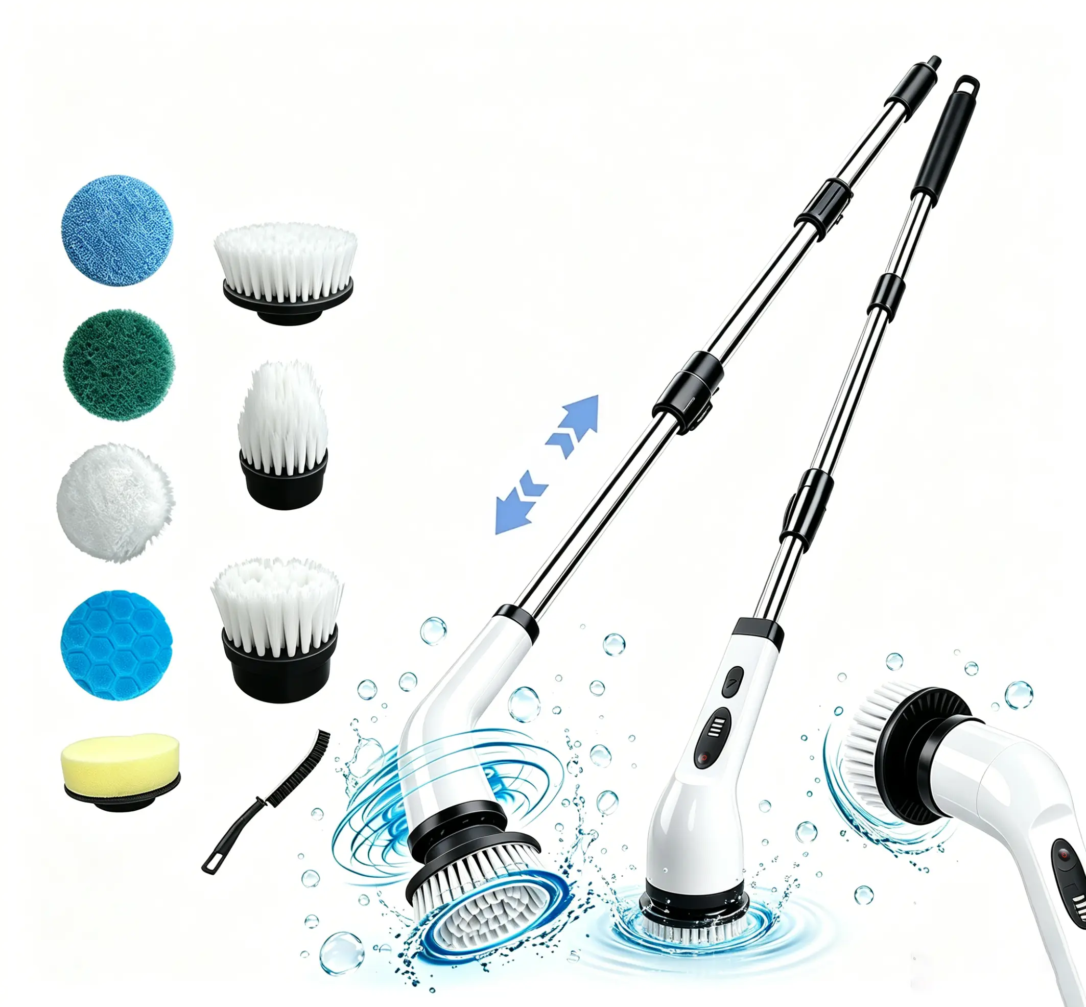 Back-Friendly Cordless Electric Spin Scrubber Set, 9-in-1 IPX7 Full-Body Waterproof Cleaning Brush with 8 Replaceable Soft Bristles Heads, 3-Stage Extendable Handle; Set Includes Pet Supplies-Centric Use for Bathroom, Kitchen