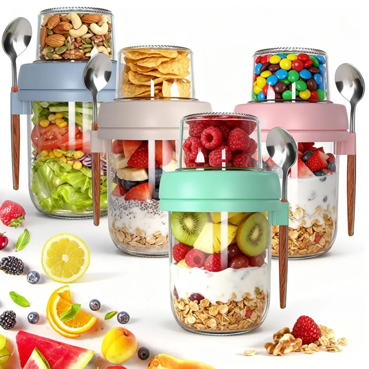 4PCS Double Layer Overnight Oat Containers with Lids, Dry and Wet Separated Yogurt Parfait Cups, Chia Pudding Glass Jars for Oats, Granola, Nuts, Fruit and Salad, Meal Prep Breakfast Cups, Food Storage, Snack Containers, Kitchen Storage Containers