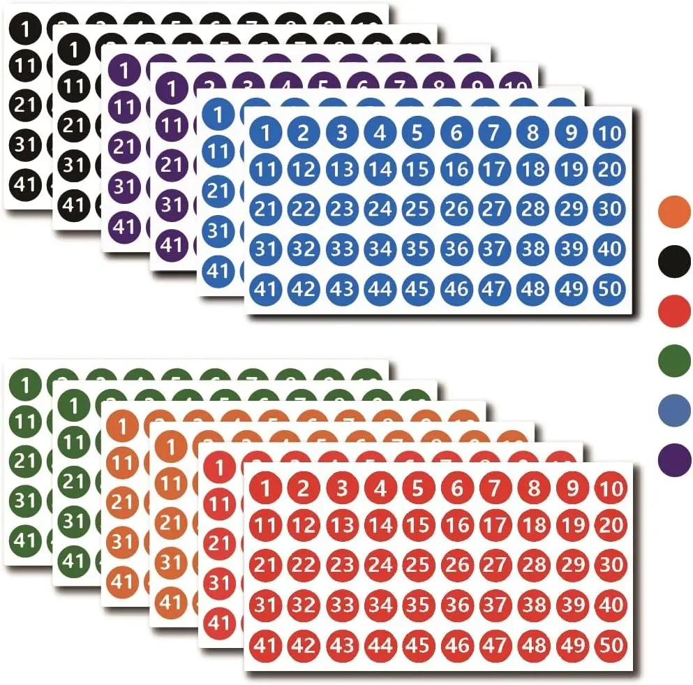 12 Sheets 600 Piece Vinyl Number Stickers - 1 to 50 Consecutive Number Labels, 1 Inch Self-Adhesive Waterproof Inventory Stickers for Storage Classification (6 Colors)