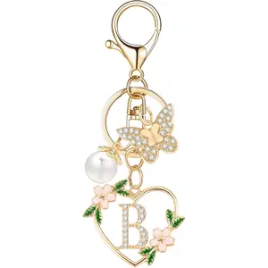 Gold Heart Initial Letter Keychain for Women, Alphabet Key Ring Handbag Backpack Purse Charm Jewelry