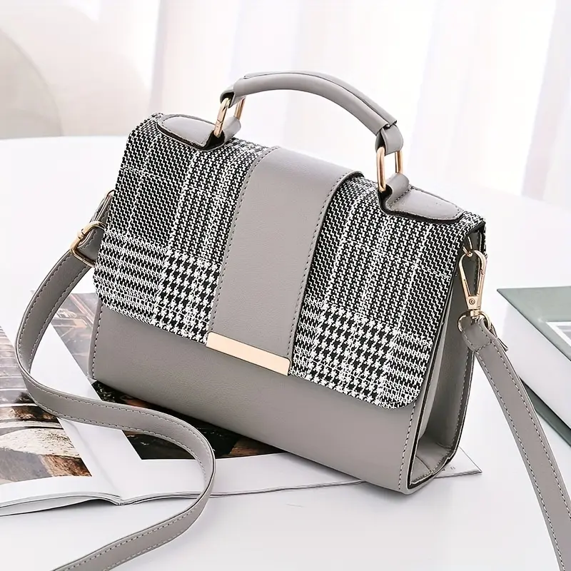 Women's Chic Modest Basic Casual Dermal Leather Plaid Boston Bag - Snap Button Crossbody Bag with Cow Hide Accents, Double Handle, Multi-Compartment Top Flap for Everyday Use, Colorblock, Striped, Stripe, Elegant, Plaid Stripes, High-Capacity, Hand Wash O