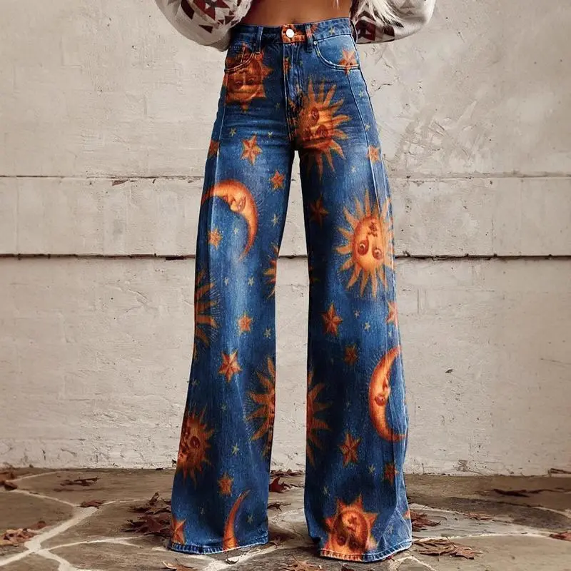 Fashionable printed flared jeans for Oversize style Womenswear Bottom Streetwear Trouser Comfort Pants Baggy Khdz1 Loose Fashionable printed flared jeans for Oversize style Womenswear Bottom Streetwear Trouser Comfort Pants Baggy Khdz1 Loose
