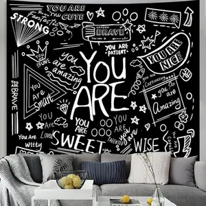 Quote You Are Tapestry for Classroom, Black and White Inspirational Wall Tapestry, Positive Saying Aesthetic Decor Wall Hanging for Bedroom Kids Teen Girl Boy Dorm Living Room Landscape Retro Swiss