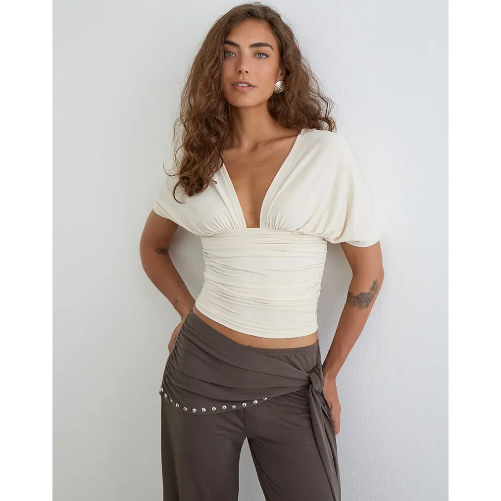 MOTEL Vernia Plunge Batwing Top in Cupro Cream
