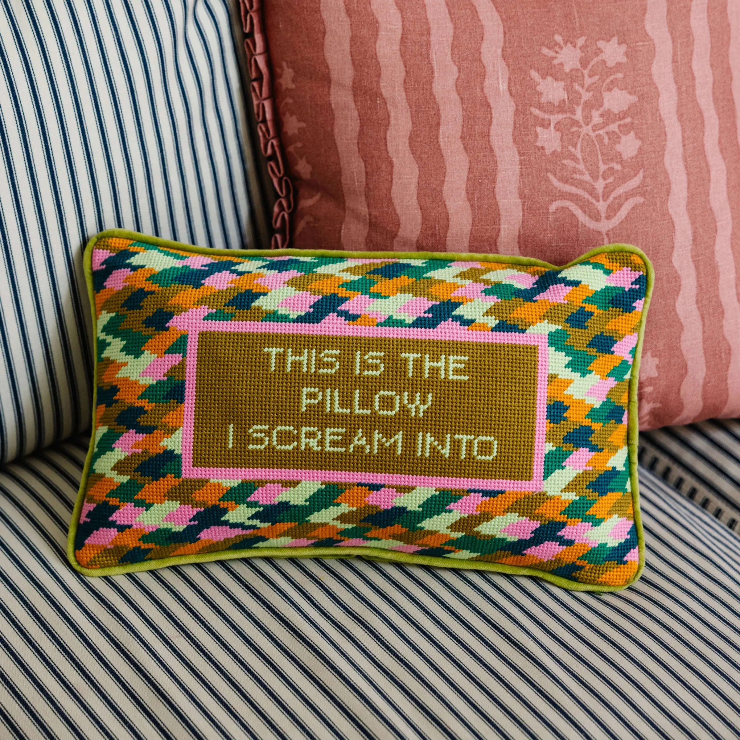 Vibrant Scream Velvet Needlepoint Pillow - Detailed Stitching, Charming Sayings, Ideal Home Decor Gift
