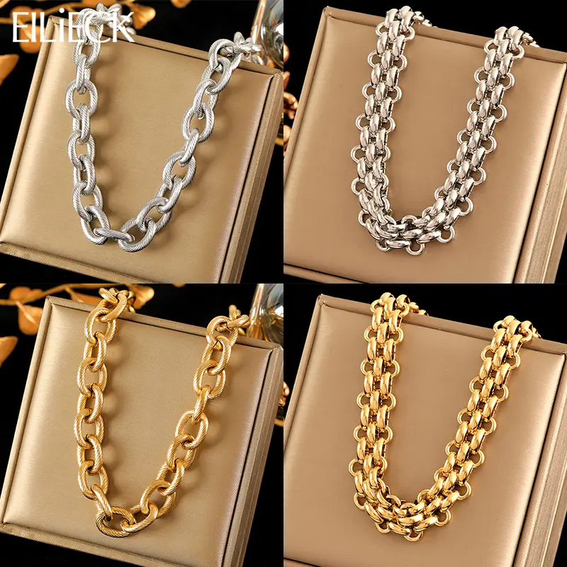 EILIECK 316L Stainless Steel Gold Silver Color Thick Chain Necklace For Women Fashion Cuban Neck Chain Waterproof Jewelry Gift