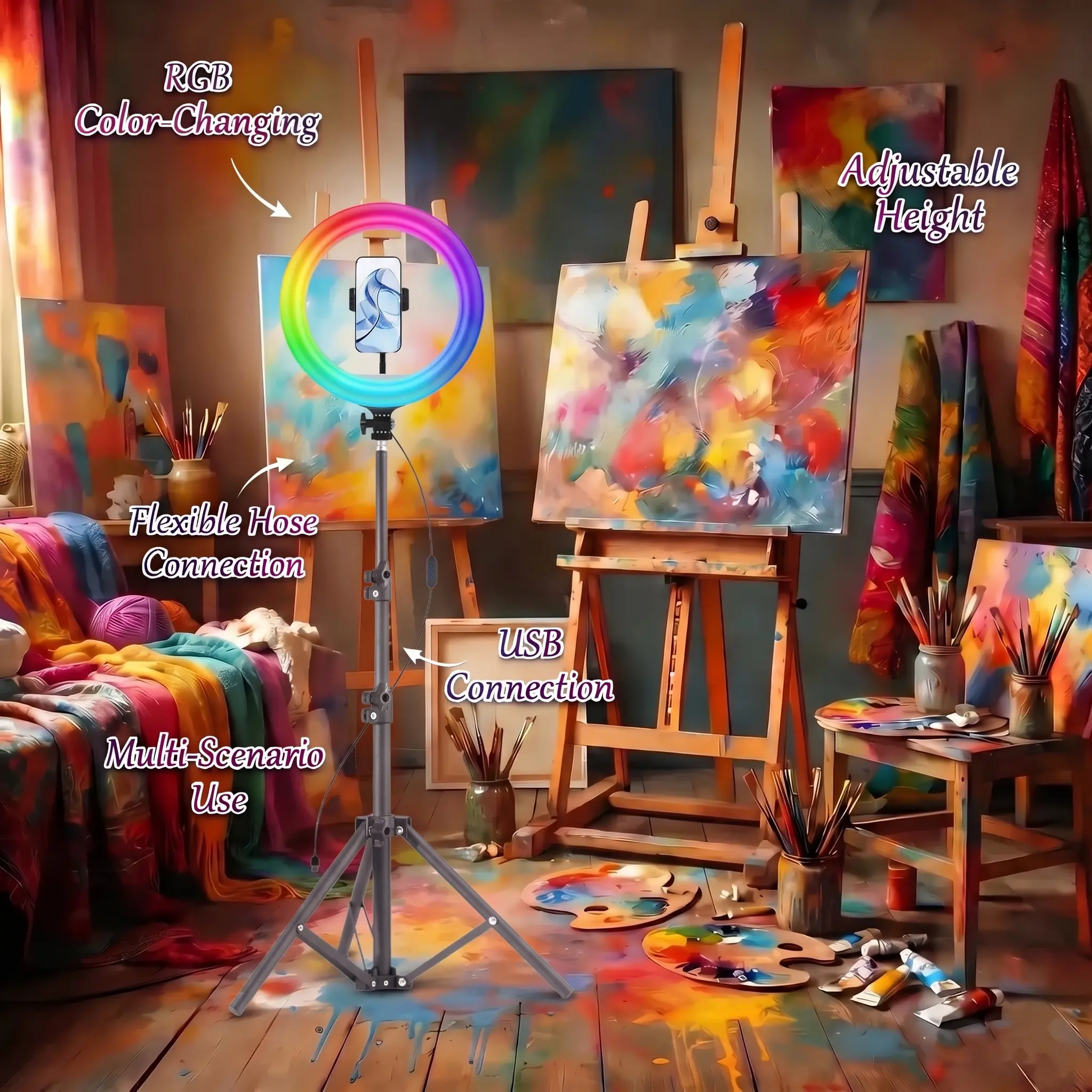 12-inch RGB Ring Light With 43.3 Inch Stand And Phone Stand, 38-color Mode Selfie Ring Light With Tripod, Dimming/speed LED Video Light, USB-powered light gimbal stabilizer dimming level ring  light  upgrade flexible tripod stand Cellphone