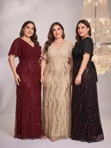 Elegant Women's Plain Sequined Patchwork Fitted Party Dress, Perfect for Evening Parties and Formal Occasions, Stunning Long Gown