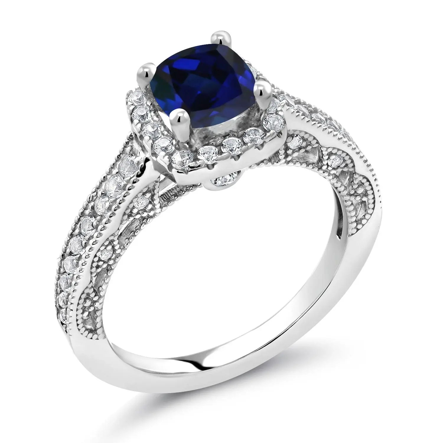 6MM Cushion Gemstone Birthstone and Accent Created Sapphire Engagement Ring | 925 Sterling Silver | Wedding Anniversary Promise Ring For Women | Available In Size 5, 6, 7, 8, 9