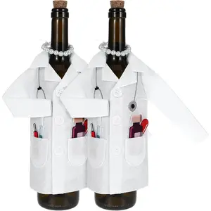 White Wine Bag for Nurse Practitioner Gifts, Felt Wine Bottle Clothes, Liquor Bottle Wrapping Cover with Necklace Capsules Decorations, White Coat Ceremony Gifts for Doctor Women Graduation Party