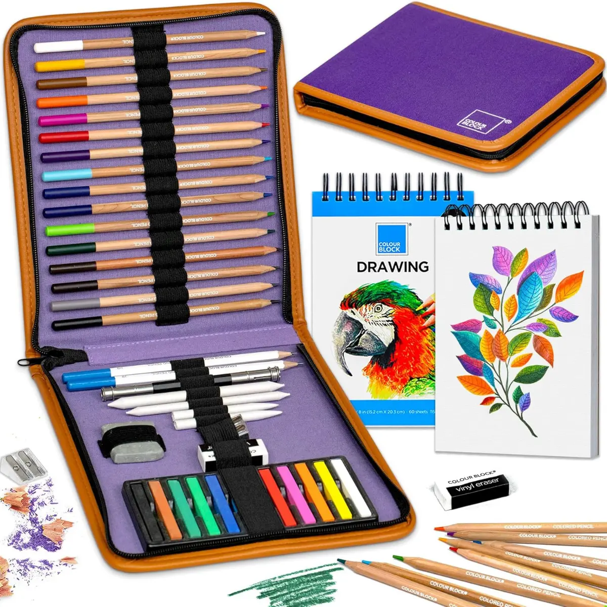 40-Piece Portable Drawing Travel Art Set - Office Stationery Art Supply Kit with 16 Colored Pencils, 12 Soft Pastels, 2 Sketching Pencils, 8 Tools, Sketch Pad, Zip Case for Beginners, Artists