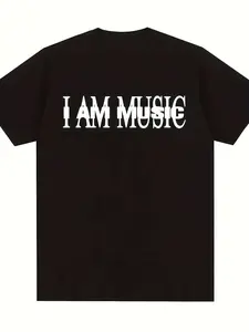Men's 7.5oz 'i Am Music' Album T-Shirt, Background Letters, Y2K Hip Hop Street Style, Casual Wear