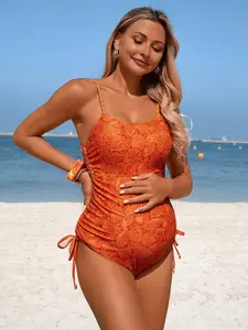 SAMT Swim Vcay Orange Shell Print Monokini Side Drawstring Expecting Mom Bathing Suit Y2K Fashion