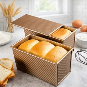 Pullman Loaf Pan with Lid, 1 LB Nonstick Sandwich Bread Pan, Corrugated & Deep Side Bakeware for Toast, Sourdough, Homemade Bread, Golden Bread Mold, Baking Tools