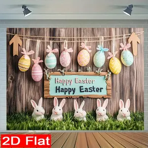 （JIT)1PC, Happy Easter White Rabbit and Butterfly Knot Easter Egg 2D flat photography background cloth and party banners, suitable for New Year celebrations, holiday parties, home photography, garden decoration backgrounds