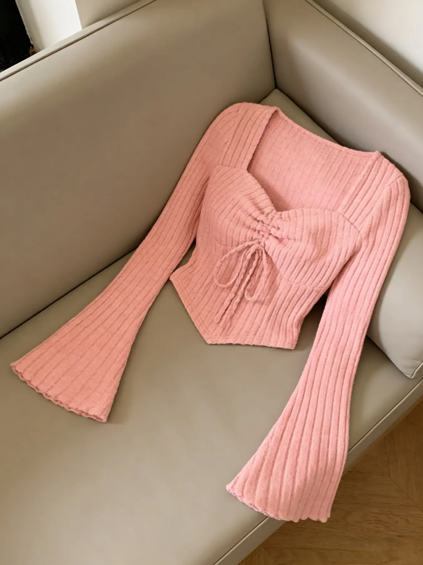 Women's Solid Color Knitted T-Shirt, Square Neck Gathered Flare Sleeve, Sexy Short Top, Casual Fashion, Perfect for Daily Wear, Knitwear, Womenswear, Fit, Everyday