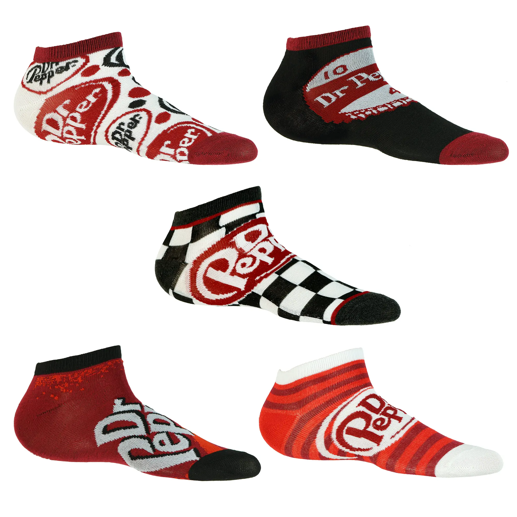 Women's Dr. Pepper Matching Logo Designs Apparel - Adult 5-Pack No Show Ankle Socks, Breathable Spandex-Polyester Blend