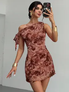 Women's One-Shoulder Print Dress, Bow Tie at Shoulder, Wavy Ruffle Hem, Retro & Skin-Brightening, Ink-Wash Floral Pattern, Mature Elegant & Retro Atmosphere Style, Perfect for Date, Party & Afternoon Tea