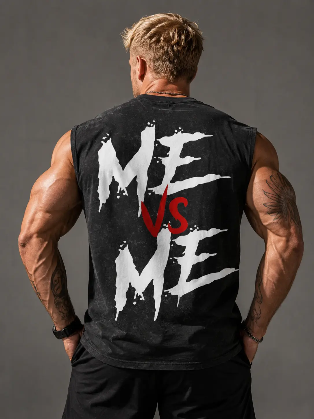 Me Vs Me Graphic Sleeveless Tank Top | Motivational Vintage Streetwear Tank | Heavyweight Snow Wash Cotton Muscle Shirt | Men's Oversized Summer Graphic Tank | Self Improvement Apparel