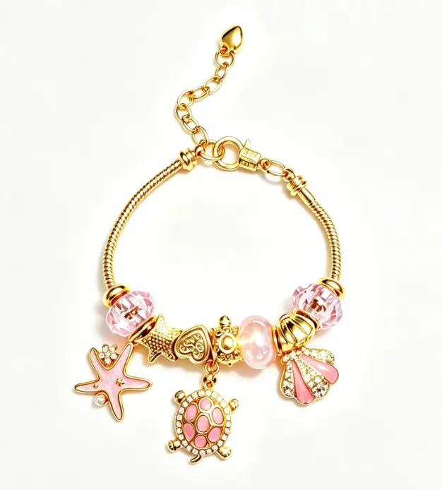 Pink Ocean Charm Bracelet, Gold Plated Snake Chain Bangle with Starfish Turtle Shell Dangle Charms, Adjustable Beaded Bracelet Jewelry Gift for Women Girls