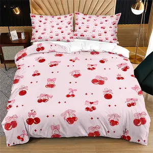 Cherry Bow Pattern Soft Durable Bedding Set, Includes 1 Fitted Sheet & Pillowcases, Perfect Gift for Teens Adults, Modern Bedroom Decor